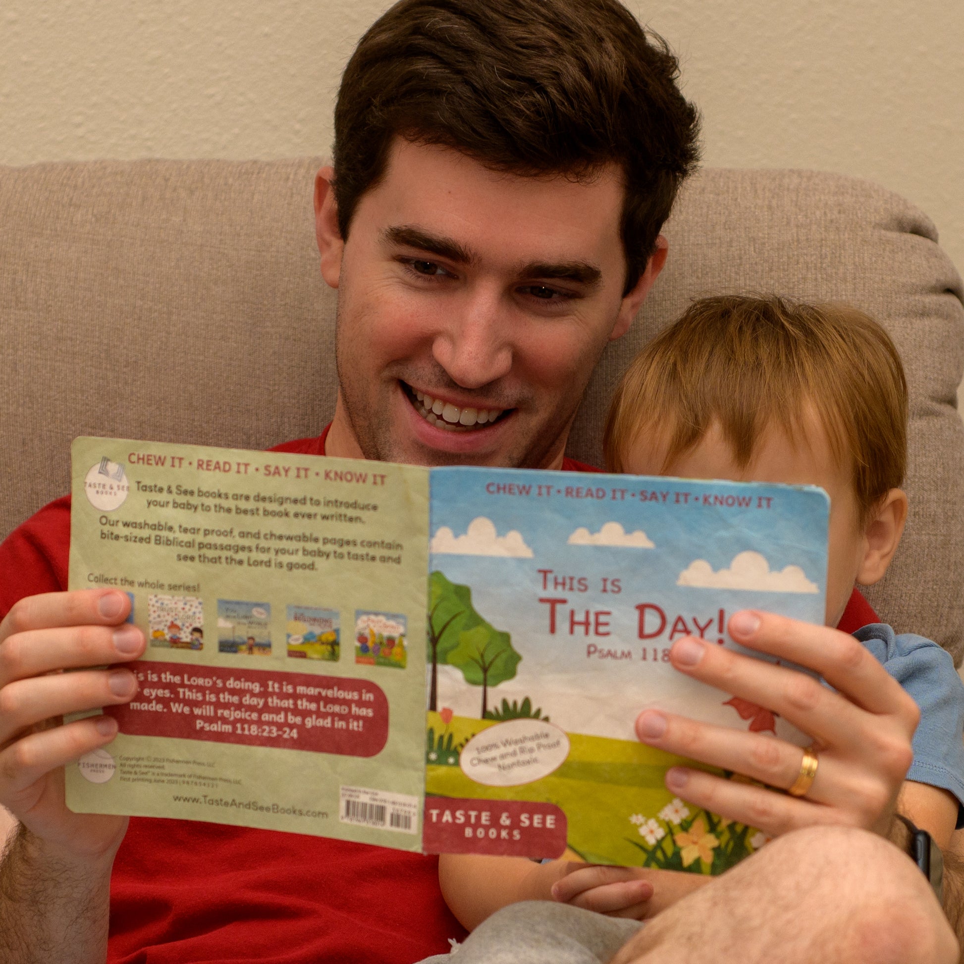 Father and son reading This is the Day